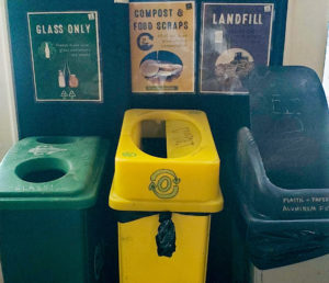 Waste Stream at Sentient Bean Savannah - Recycle Compost and Landfill Bins